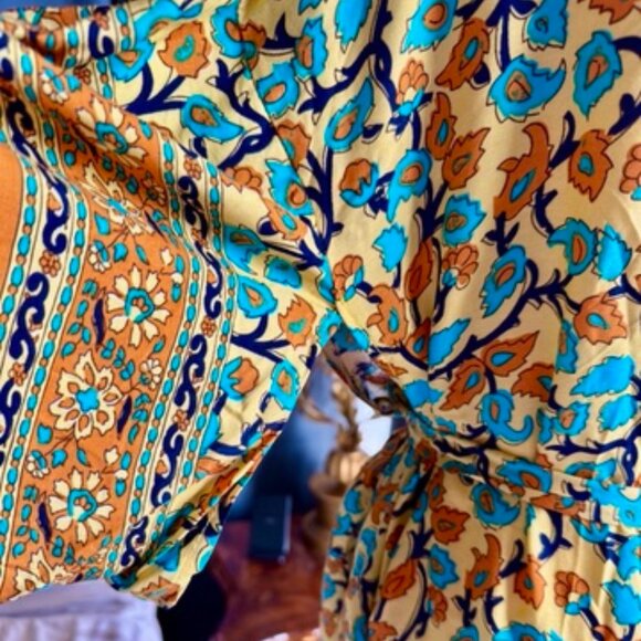 Yellow Orange and Blue Floral Boho 100% Cotton Kimono Robe - Picture 6 of 13